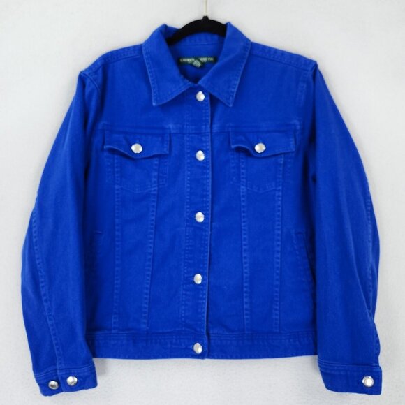Ralph Lauren Jacket Women 1X Blue Denim Trucker Jean Button Front Casual Classic - Picture 1 of 12